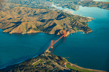 Aerial view of the Golden Gate Bridge in San Francisco with Sausalito in the background