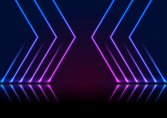 Wall Mural - Blue and ultraviolet neon laser lines with reflection. Abstract rays technology retro background. Futuristic glowing graphic design. Modern vector illustration