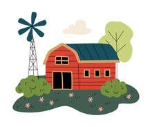 Red Wooden Barn And Windmill Power Station, Countryside Landscape Vector Illustration