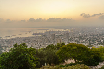 Wall Mural - Sunrise view of downtown Haifa, the port, and the bay