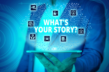 Aufkleber - Text sign showing What S Your Story Question. Business photo text asking demonstrating about his past life actions career or events Male human wear formal work suit presenting presentation using smart