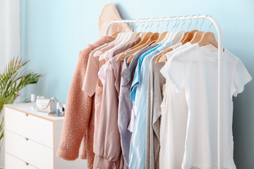 Sticker - Rack with clothes near color wall in room