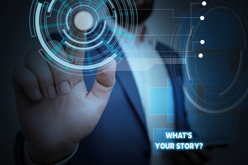 Aufkleber - Word writing text What S Your Story Question. Business photo showcasing asking demonstrating about his past life actions career or events Male human wear formal work suit presenting presentation using