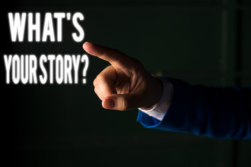 Aufkleber - Word writing text What S Your Story Question. Business photo showcasing asking demonstrating about his past life actions career or events Isolated hand pointing with finger. Business concept pointing