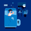 © FRIEVA - Happy woman sleeping in the bedroom at night with a fully charged battery and sleeping mask. Good healthy sleep concept. Sweet dreams. Good work of biological rhythms. Flat vector illustration.