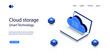 © Олеся Вусик - Isometric image concept cloud storage, transfer data with help cloud, modern smart technology, laptop with geometric objects, digital service storage. Vector illustration on white isolated background.