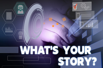 Aufkleber - Text sign showing What S Is Your Story question. Business photo showcasing being asked by someone about my own journey from beginning till now Male human wear formal work suit presenting presentation