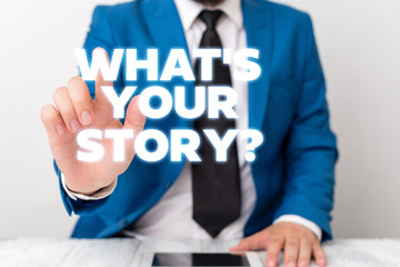 Aufkleber - Handwriting text writing What S Is Your Story question. Conceptual photo being asked by someone about my own journey from beginning till now Businessman with pointing finger in front of him