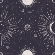 Seamless Pattern. Signs Of The Zodiac, Phases Of The Moon, Sun And Moon. Engraving Style. Vintage Background.