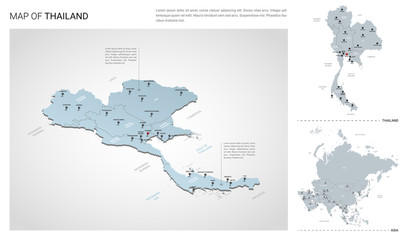 Vector set of Thailand country.  Isometric 3d map, Thailand map, Asia map - with region, state names and city names.