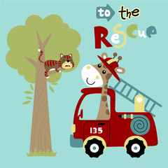 Wall Mural - giraffe the firefighter in rescue mission to save the cat on tree, vector cartoon illustration