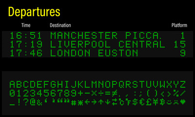 LED electronics digital font, letters, numbers and symbols vector illustration for airport panel, train information and sport scoreboard - green font