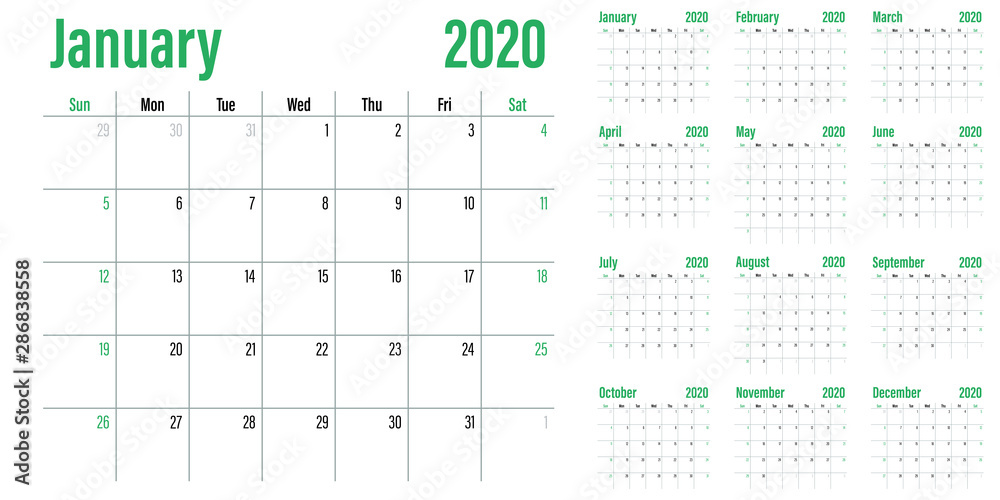 Calendar planner 2020 template vector illustration all 12 months week ...