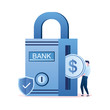 Bank lock or strongbox and businessman hold coin,safe deposit to the bank,