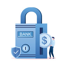 Bank Lock Or Strongbox And Businessman Hold Coin,safe Deposit To The Bank,