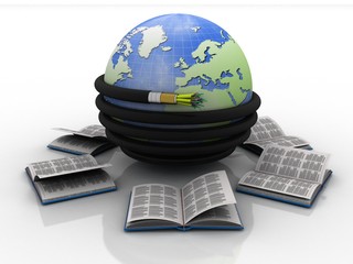 3d rendering fiber optical cable detail connected globe with books