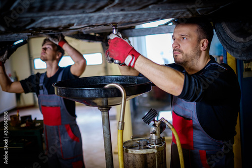 Cuadros en Lienzo Car mechanic changes oil in a workshop