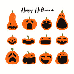 Set of different Halloween pumpkins, jack o lanterns. Isolated objects on white background. Hand drawn vector illustration. Flat style. Design element for party banner, poster, flyer, invitation.