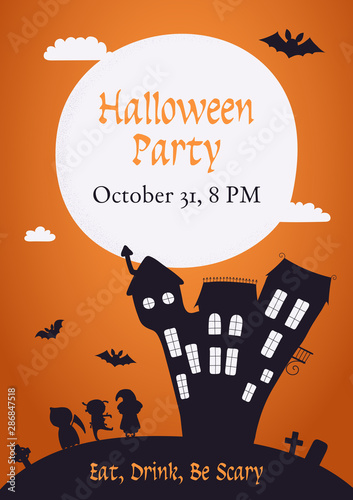 Banner, invitation, background design with full moon, clouds, haunted house, ...
