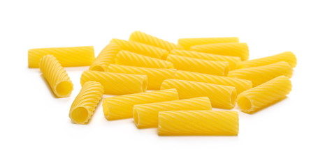 Pasta tubes, tortiglioni or elicoidali isolated on white background