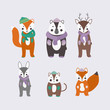 Scandinavian style animals in the winter clothes. Cute vector animals set.