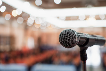 microphones for speech or speaking in seminar conference room, talking for lecture to audience unive