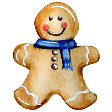 Watercolor Hand Painted Traditional Christmas Gingerbread Man With Blue Scarf And White Marzipan Decoration.  Isolated Element On White Background.