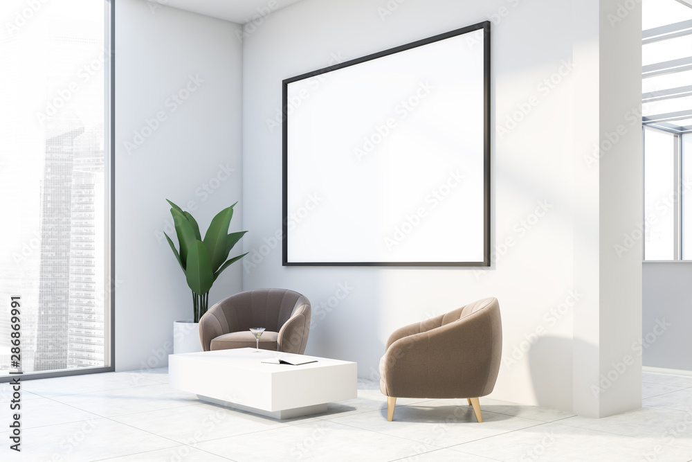 White office lounge with beige armchairs - obrazy, fototapety, plakaty 