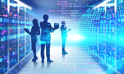 Poster - People in server room, planet and code