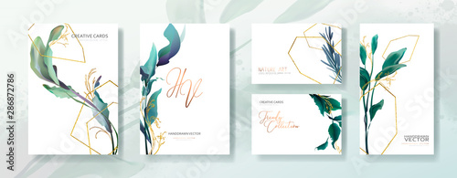 Wedding invitation frame set; flowers, leaves, watercolor, isolated on white....