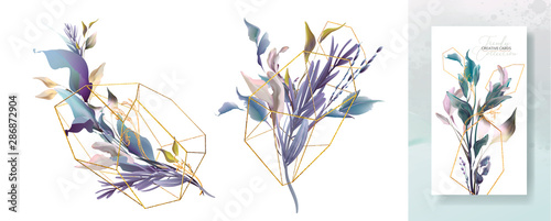 Wedding invitation frame set; flowers, leaves, watercolor, isolated on white....