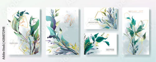 Wedding invitation frame set; flowers, leaves, watercolor, isolated on white....