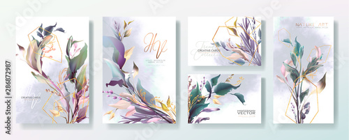 Wedding invitation frame set; flowers, leaves, watercolor, isolated on white....