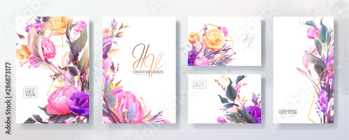 Wedding invitation frame set; flowers, leaves, watercolor, isolated on white....