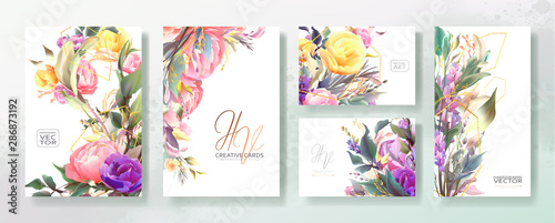 Wedding invitation frame set; flowers, leaves, watercolor, isolated on white....