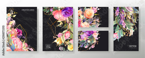 Wedding invitation frame set; flowers, leaves, watercolor, isolated on white....