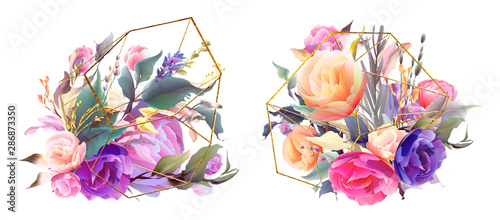Wedding invitation frame set; flowers, leaves, watercolor, isolated on white....