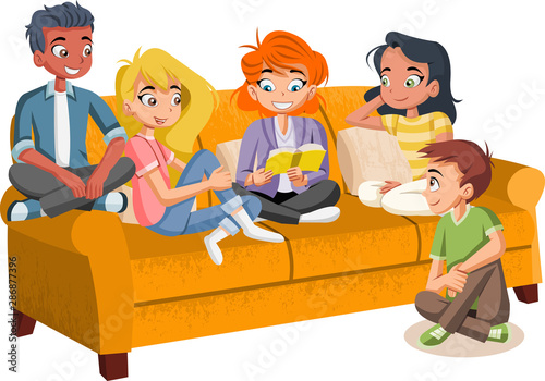 Group of cartoon young people on sofa. Teenager friends.