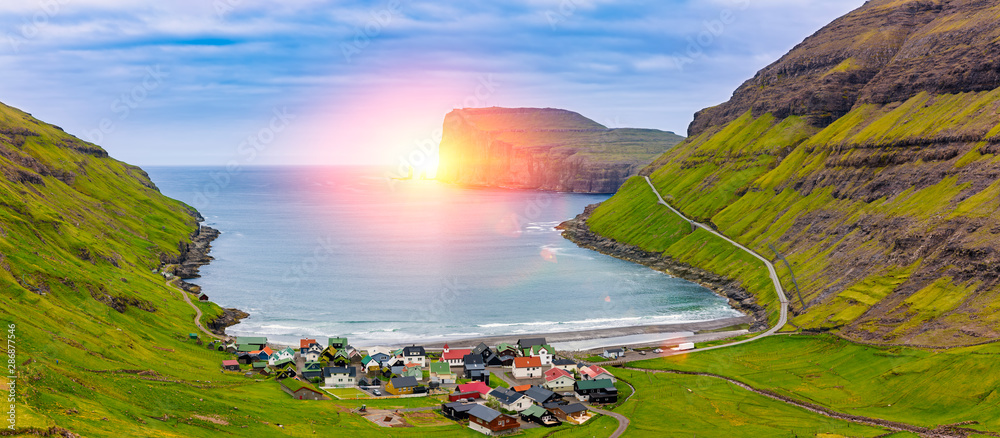 Tjornuvik Beautiful Scandinavian Village, Located On The Faroe Islands, sit on the north coast of Streymoy, - obrazy, fototapety, plakaty 