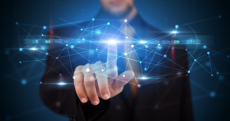 Poster - Man touching hologram screen displaying modern web system