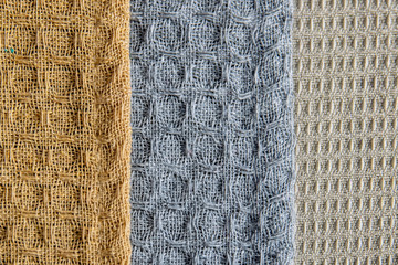 fabric texture close up. Three different cotton kitchen towel close-up