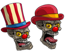 Cartoon Detailed Realistic Colorful Scary Circus Clown Skulls With Red Noses And Hat. Isolated On White Background. Vector Icon Set.