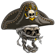 Cartoon Detailed Realistic Colorful Scary Mummy Skull In Tricorn Pirate Hat With Golden Anchor And Swords. Isolated On White Background. Vector Icon.