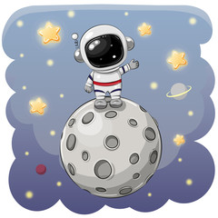 cartoon astronaut on the moon on a space background
