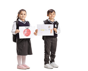 Sticker - Shoolchildren in uniforms holding drawings