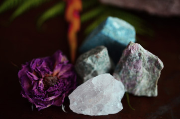 Wall Mural - Rough crystals in woman's hand with natural lighting. Raw Rose Quartz, Raw Lapis Lazuli, Raw Unakite, and Raw Ocean Jasper. Beautiful crystal display, crystals and plants, macro photography