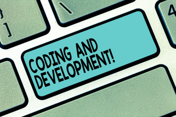 Text sign showing Coding And Development. Conceptual photo To program or create a software or any application Keyboard key Intention to create computer message pressing keypad idea