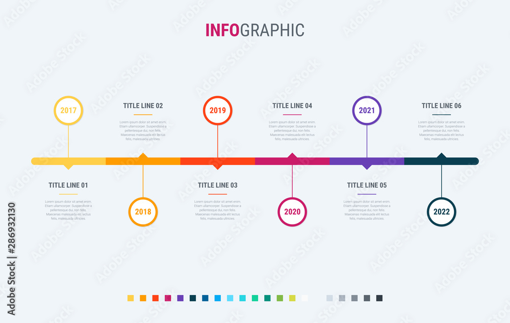 Abstract business circle infographic template with 6 steps. Colorful diagram, timeline and schedule isolated on light background. - obrazy, fototapety, plakaty 