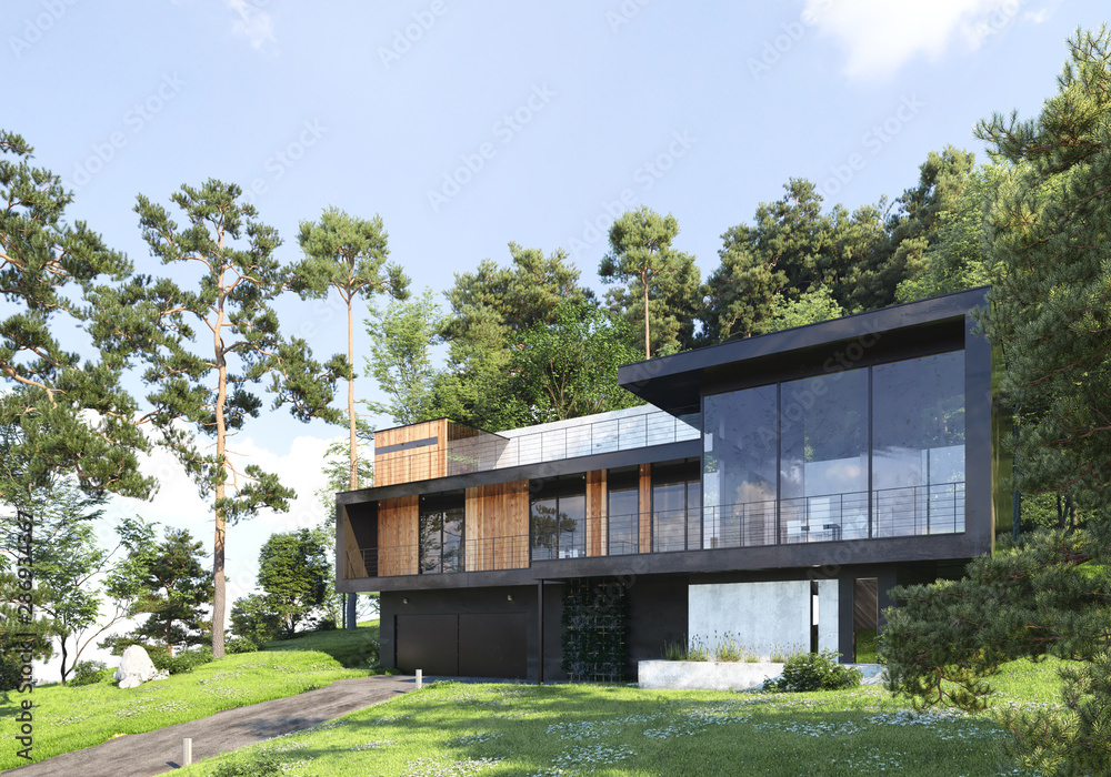 Modern house in forest, 3d render - obrazy, fototapety, plakaty 