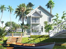 Tropical Beach House Near Pond With Boat, Coastal Style House, 3d Render